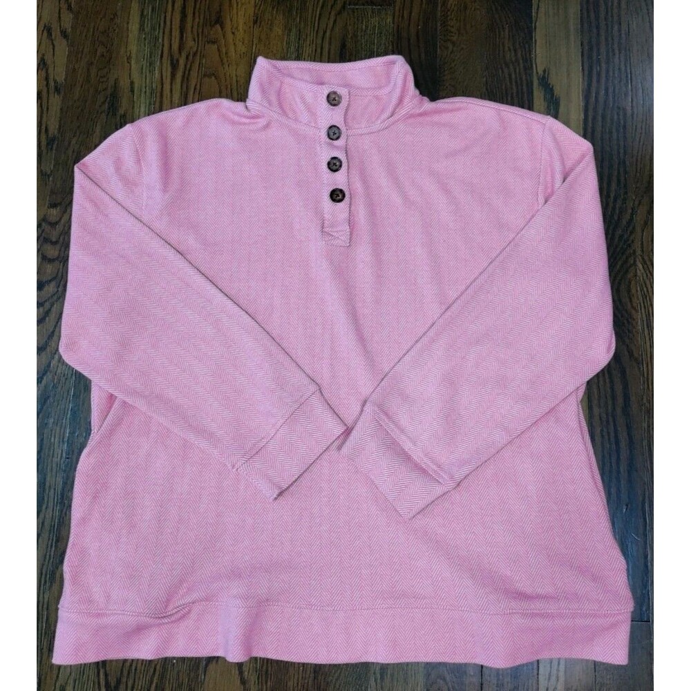 Lands Ends Button Up Sweater Women's L Coral Chevron Pattern Pockets Cotton EUC